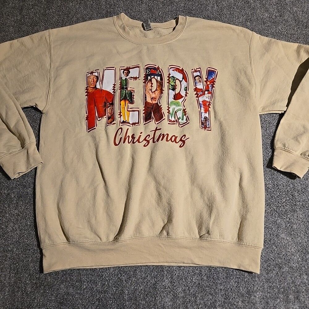 Christmas Sweatshirt Adult Large Beige Pullover Christmas Movie Shirt